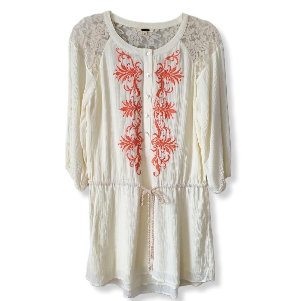 Miss Me Ivory Gauze Mini Dress M Embroidered Boho Festival Beach Flirty NEW Flaw